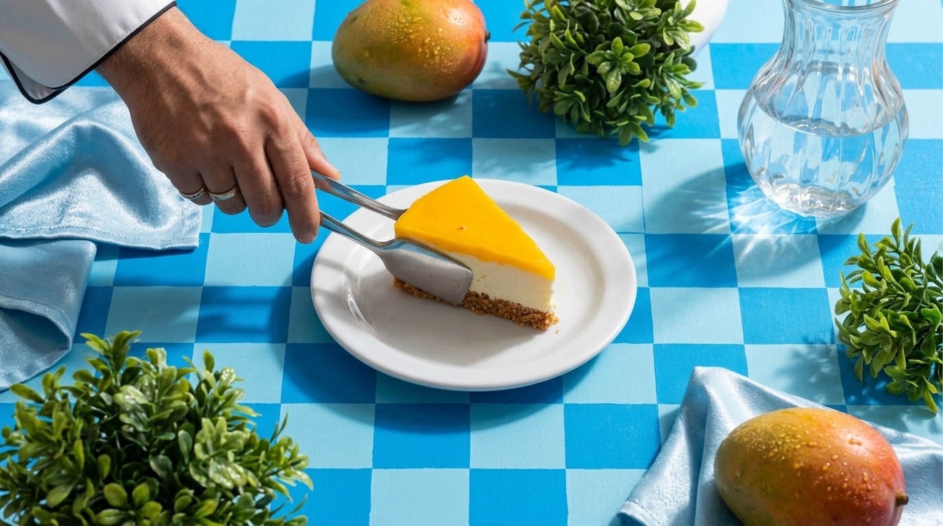 A warm lifestyle scene of hands lifting a slice of cake at a styled table in soft window light