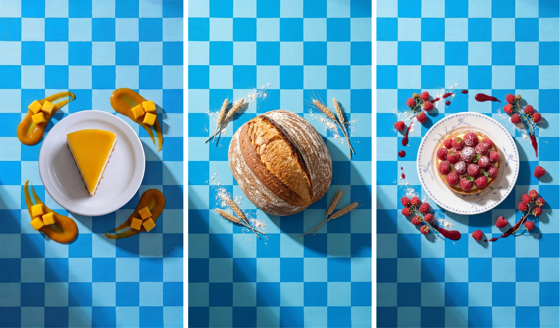 Three different baked goods photographed on the same styled tablecloth, showing one consistent bakery brand look
