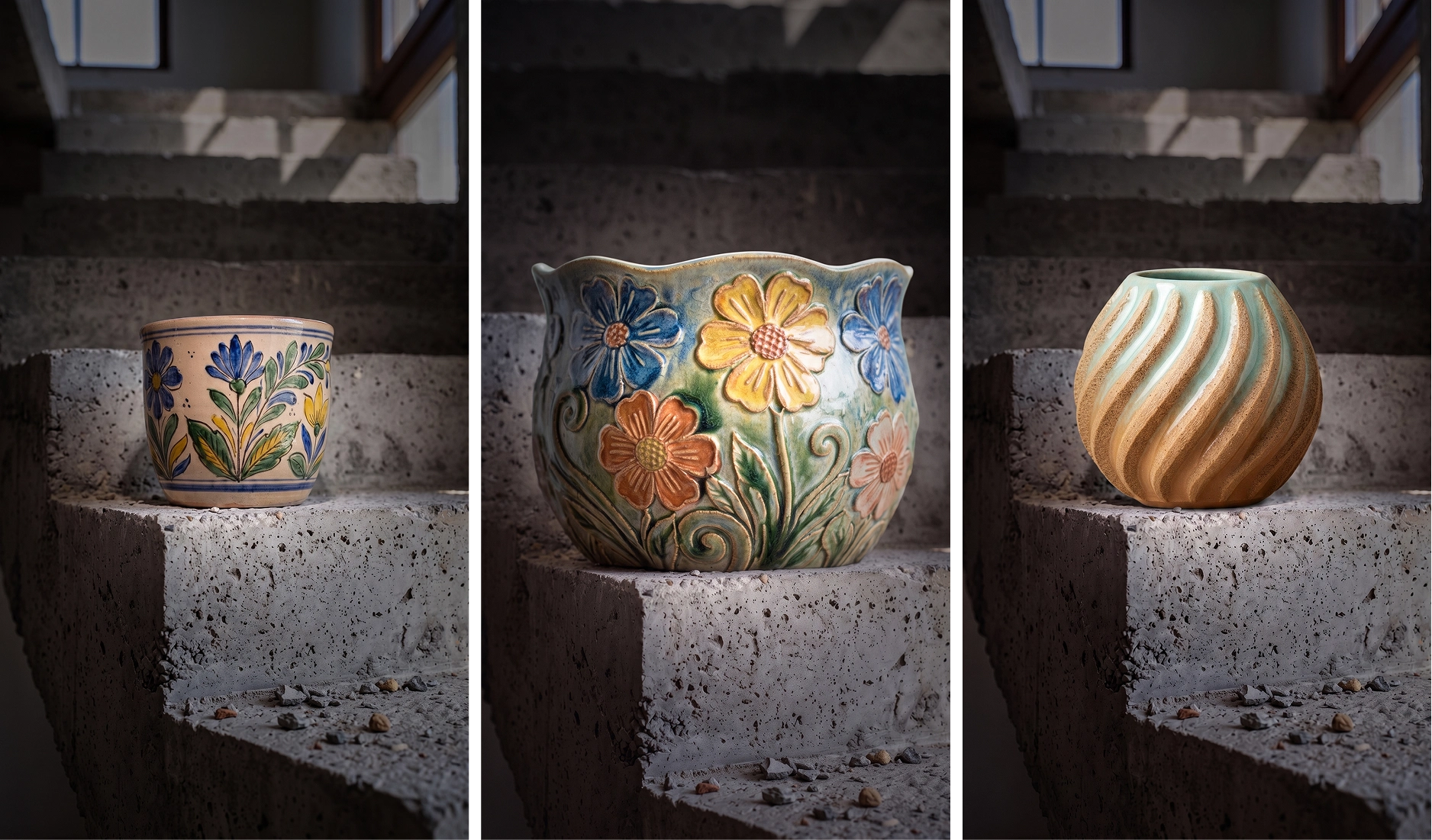 Three different handmade ceramic pieces photographed on the same backdrop, showing a consistent shop look without having to book a location.