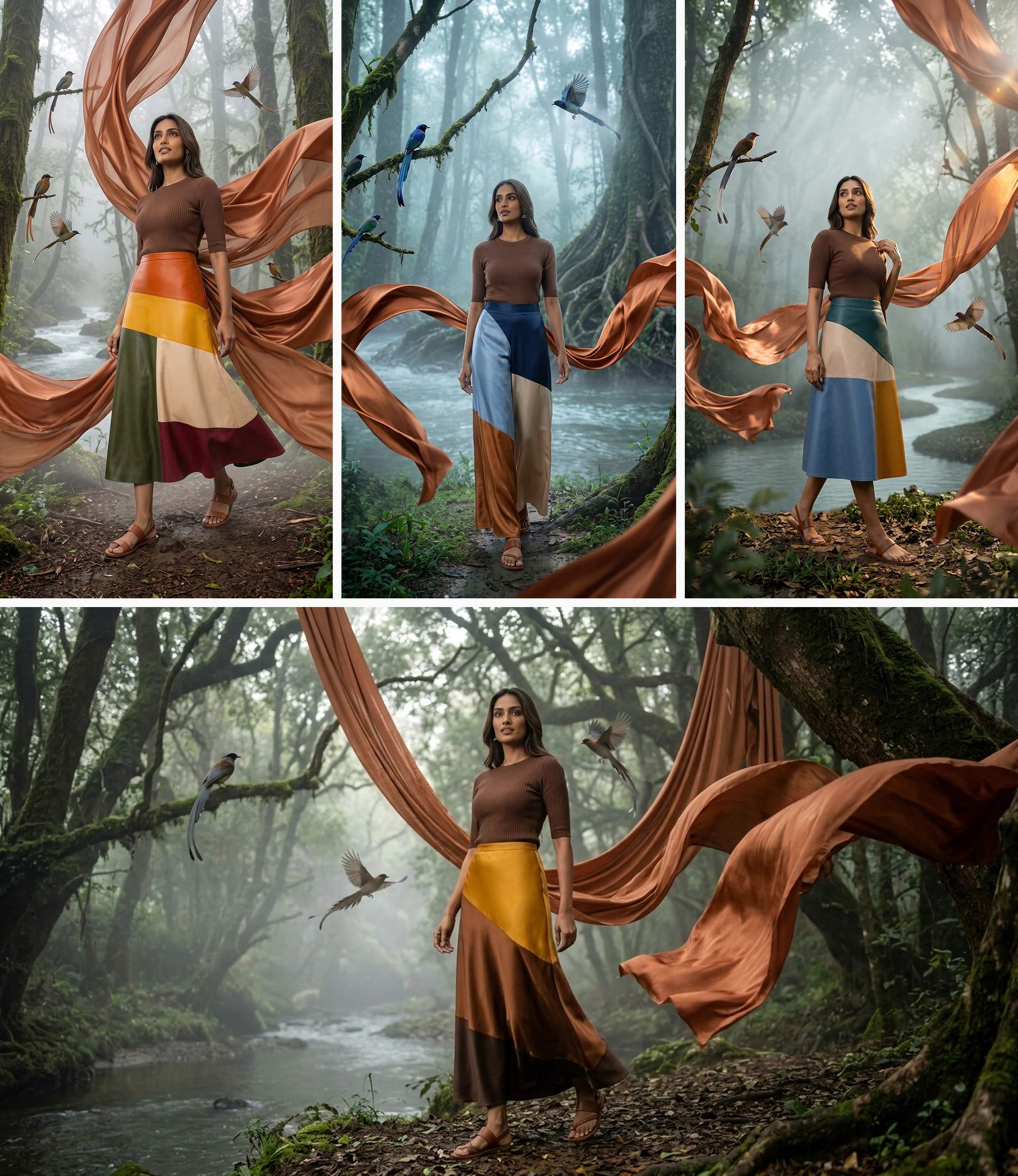 Editorial fashion photo of a model in a navy top and color-block trousers leaning against bold striped set pieces, a campaign-grade apparel image made with PhotoLotus