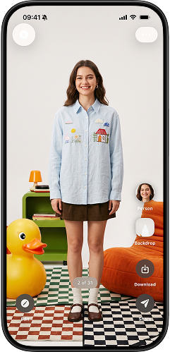 Finished PhotoLotus photoshoot of a model wearing the embroidered shirt in a styled colorful set, ready to download and post