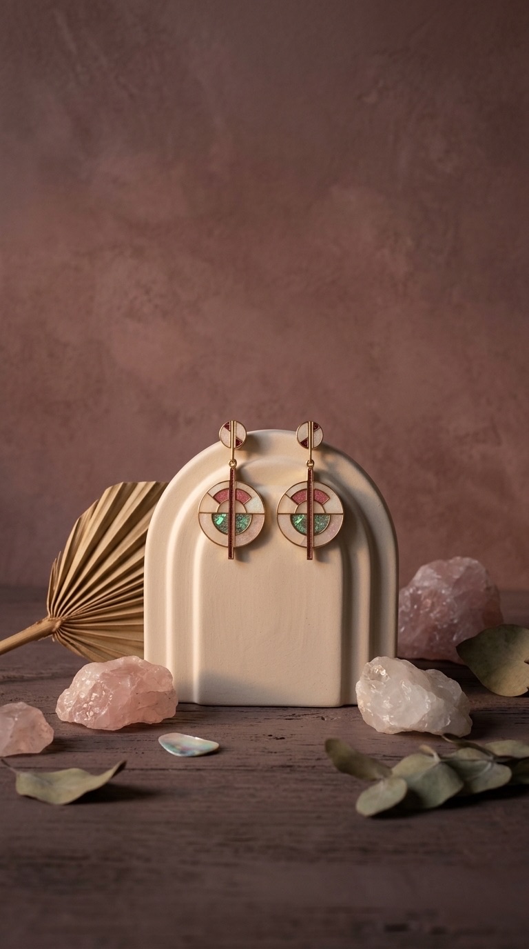 The same earrings styled on an art-directed background scene created with PhotoLotus