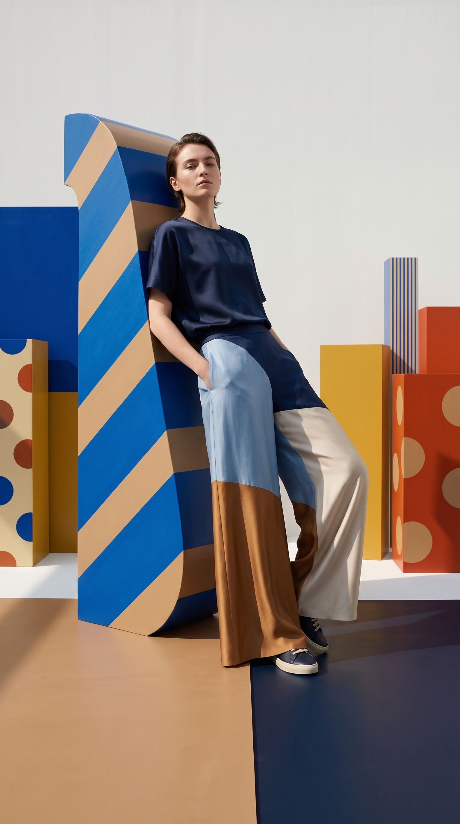 Editorial lifestyle photo of a model in a color-block outfit leaning on bold graphic set pieces, the kind of campaign image PhotoLotus creates for social media