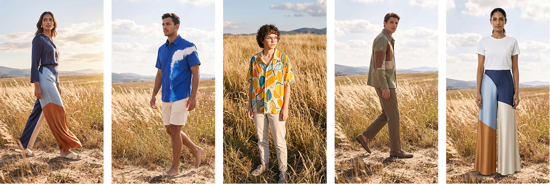 Five products photographed against the same summer field backdrop, showing PhotoLotus's saved backdrop feature keeping a product catalog visually consistent