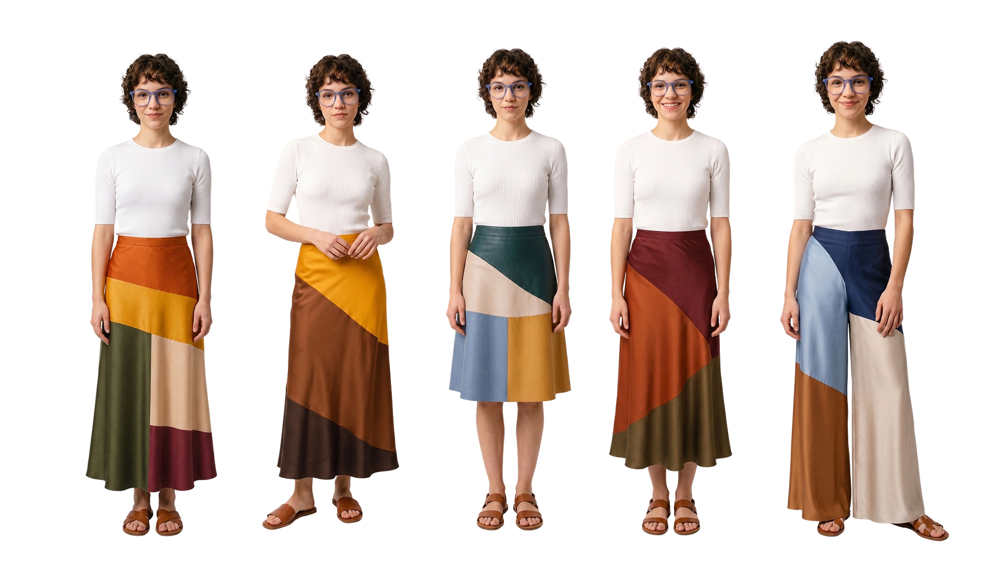 The same virtual model wearing different garments showing consistent on-model apparel photos