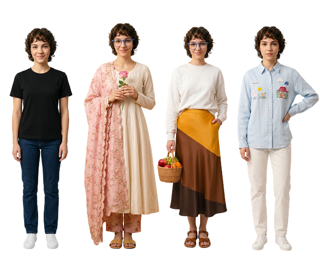 The same virtual model wearing four different outfits — a black t-shirt, a pink suit set, a skirt and sweater, and a blue embroidered shirt — showing PhotoLotus's saved model feature keeping product photos consistent