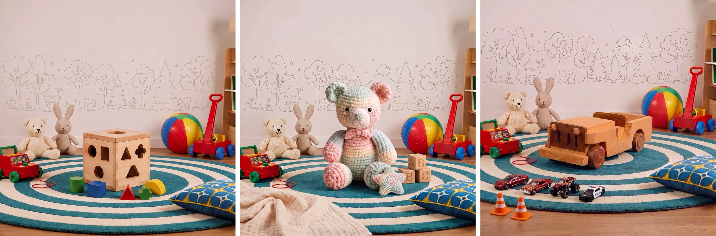 Three different toys photographed in the same bright playroom setting, so that you have a consistent looking brand.
