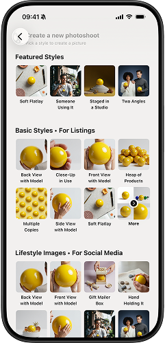 PhotoLotus style picker showing art-directed photo styles like Soft Flatlay, Staged in a Studio, Front View with Model, and Gift Mailer Box
